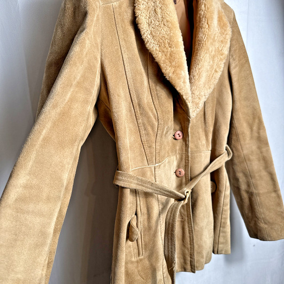 Vintage 1970s Split End Ltd Leather Jacket Women’s Medium Wool Trim Belted FLAWS - Picture 6 of 12